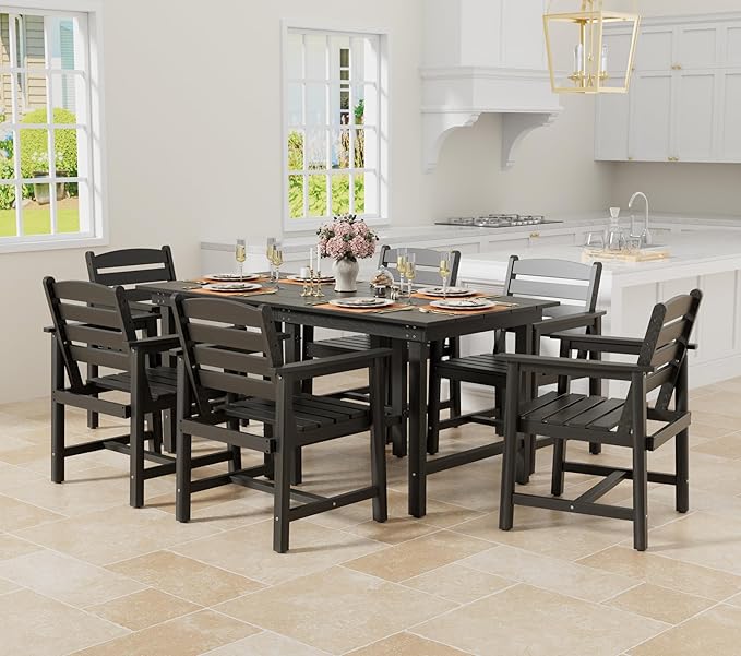 Anbuy Patio HDPE Dining Table Set, 7-Piece Outdoor Dining Table Sets, 2 in 1 Convertible Table and 6 Outdoor Chairs Outdoor All-Weather Furniture Set Black