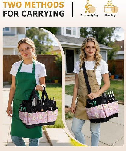 Marscamd Garden Tool Bag with Hard Bottom, Garden Tote with Shoulder Strap and Multiple Pockets (No Accessories Included), Pink Sunflower