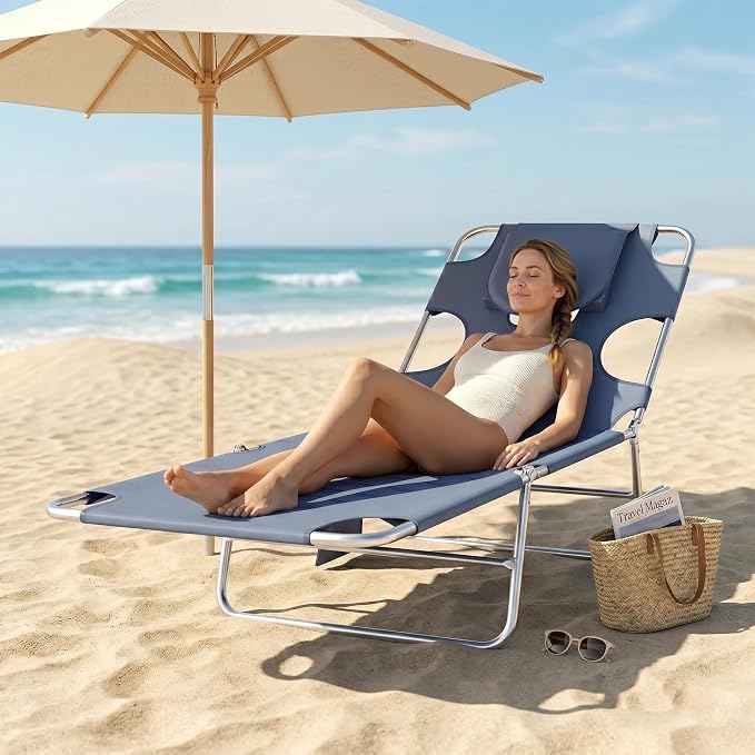 Outsunny Folding Beach Lounge Chair with Face Hole and Arm Slots, 5-Level Adjustable Sun Lounger Tanning Chair with Pillow for Patio, Garden, Beach, Pool, Gray