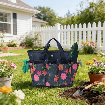 Waterproof Garden Tool Bag, 600D Oxford Portable Gardening Tote with Handle & Multi Pockets, Ideal Gifts for Parents Women (Blue, Tools Not Included)