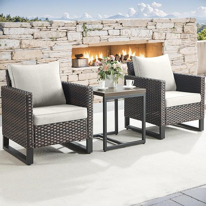 Rilyson Wicker Outdoor Patio Chairs Set - 3 Piece Rattan Patio Furniture Bistro Chairs Set with Waterproof Wicker,Comfortable Cushions and Sturdy Metal Frame for Porch Deck Backyard(Brown/Beige)
