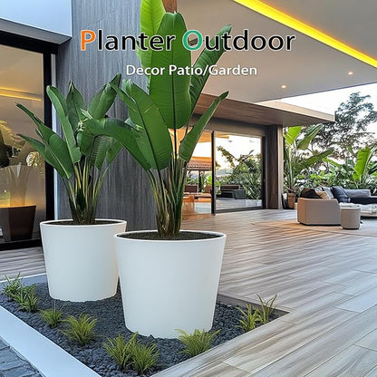 Wide Planters for Outdoor Plants, Extra Large Indoor Flower Pots for Garden, Front Porch, Patio - Round Resin Planter Set of 2 (White, 20 inch - 2 Pack)