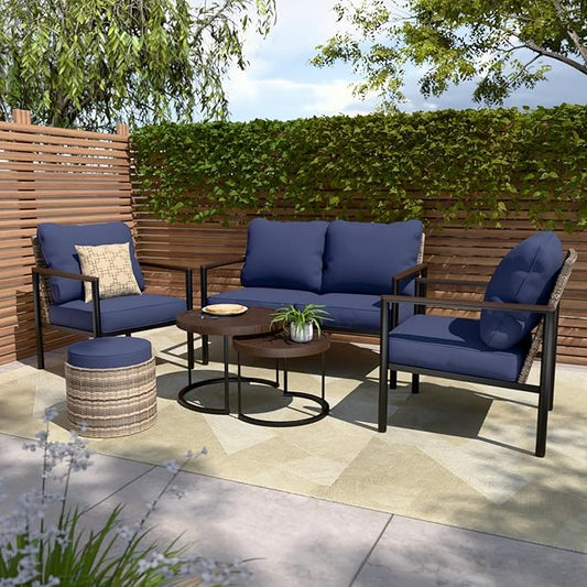 COOS BAY Sand Dune 5 Piece Wicker Patio Furniture Set, Rattan Outdoor Furniture with Nesting Tables, Chairs, Loveseat, Coffee Tables, and Ottoman, Brown/Blue