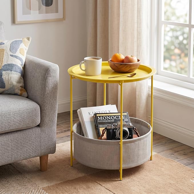 VECELO Round Side/End Table with Fabric Storage Basket，Metal Anti-Rust and Waterproof Small Bedside Nightstand with Removable Tray Top for Living Room，Balcony & Laundry，Yellow /2pcs with Basket
