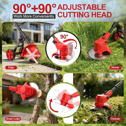 Cordless Weed Wacker, Electric Weed Trimmer with Wheels, 2x2.0Ah 21V Battery Powered Weed Eater, String Trimmer Brush Cutter, 3 Types Blades Lawn Mower Edger Lawn Tool for Garden Yard