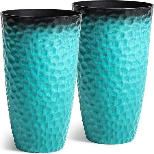 23.75" H Large Tall Outdoor Planters, Set of 2 Plastic Large Flower Pots for Outdoor Plants, with Turquoise Teal Honeycomb Texture, Weather-Resistant for Porch, Garden, Patio or Indoor Use