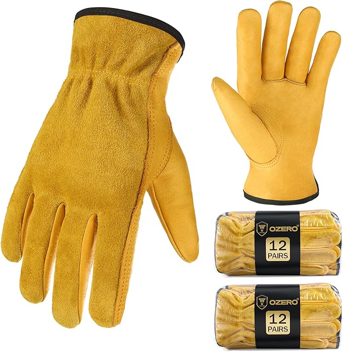 OZERO Leather Work Gloves for Men & Women, 24 Pairs Bulk Genuine Cowhide Garden Gloves, Lab Tested EN388 2143X, Flexible Grip, Breathable Unlined Comfort, Elastic Wrist (Gold, Medium)