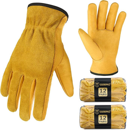 OZERO Leather Work Gloves for Men & Women, 24 Pairs Bulk Genuine Cowhide Garden Gloves, Lab Tested EN388 2143X, Flexible Grip, Breathable Unlined Comfort, Elastic Wrist (Gold, X-Large)