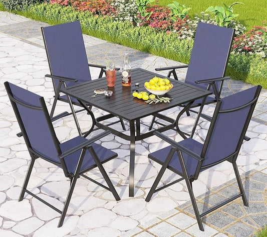PHI VILLA Outdoor Dining Set for 4 with Patio Table and Chairs, Patio Dining Furniture Set with Adjustable Foldable Patio Chairs & Metal Steel Table for Garden,Yard and Deck, Blue
