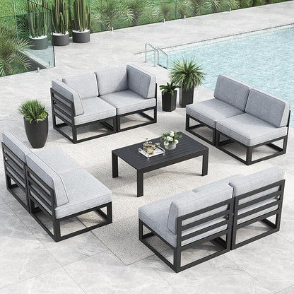 LayinSun Large Aluminum Patio Furniture Set, 9 Pieces Modern Outdoor Conversation Set Sectional Metal Sofa Set with Olefin Cushion