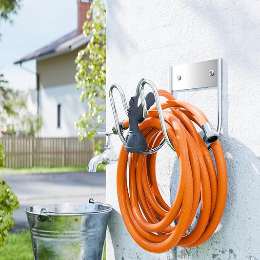 Stainless Steel Garden Hose Holder - Extra Large Heavy Duty Silver SS304 Wall Mounted Hanger for Water Hose, Extension Cords, Vacuum Lines, Anti-Rust (2 Pack)