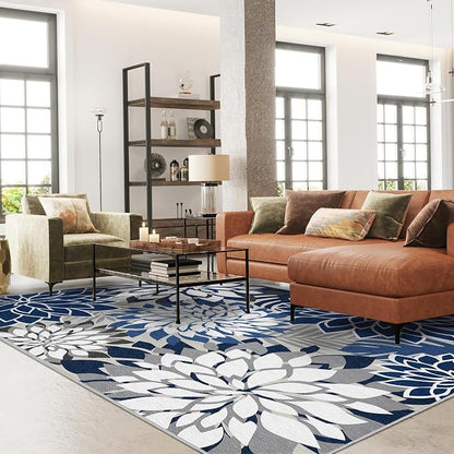5x8 Outdoor Area Rug Washable Multicolored Patio Rug Tropical Botanical Floral Chenille Waterproof Outdoor Carpet for Living Room, Deck, Backyard, Porch, Blue