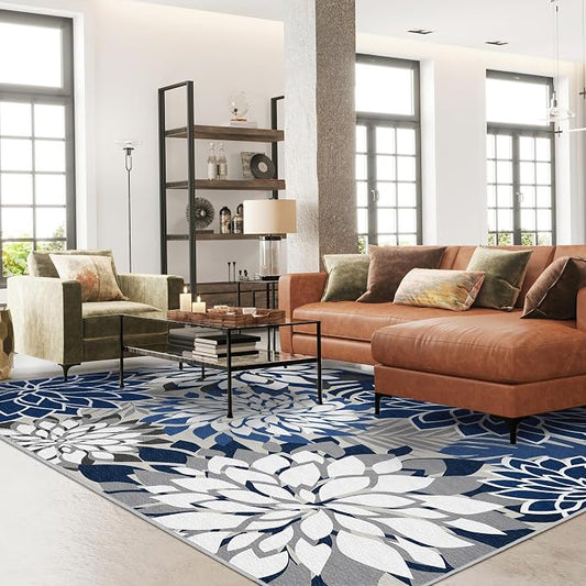 5x8 Outdoor Area Rug Washable Multicolored Patio Rug Tropical Botanical Floral Chenille Waterproof Outdoor Carpet for Living Room, Deck, Backyard, Porch, Blue