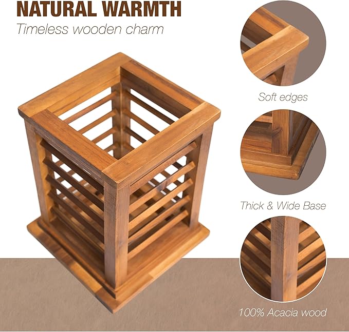 Premium 11.5" H Lantern Decorative Indoor & Outdoor - Large Wooden Candle Lantern & Plant Stand for Holiday Decor, Farmhouse, Patio, Table | Golden Teak Finish