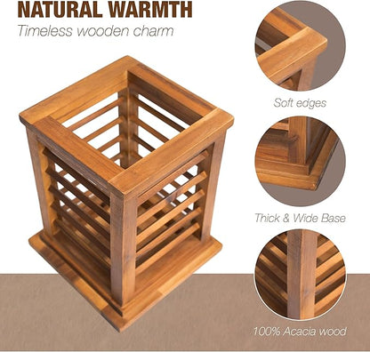 Premium 11.5" H Lantern Decorative Indoor & Outdoor - Large Wooden Candle Lantern & Plant Stand for Holiday Decor, Farmhouse, Patio, Table | Golden Teak Finish
