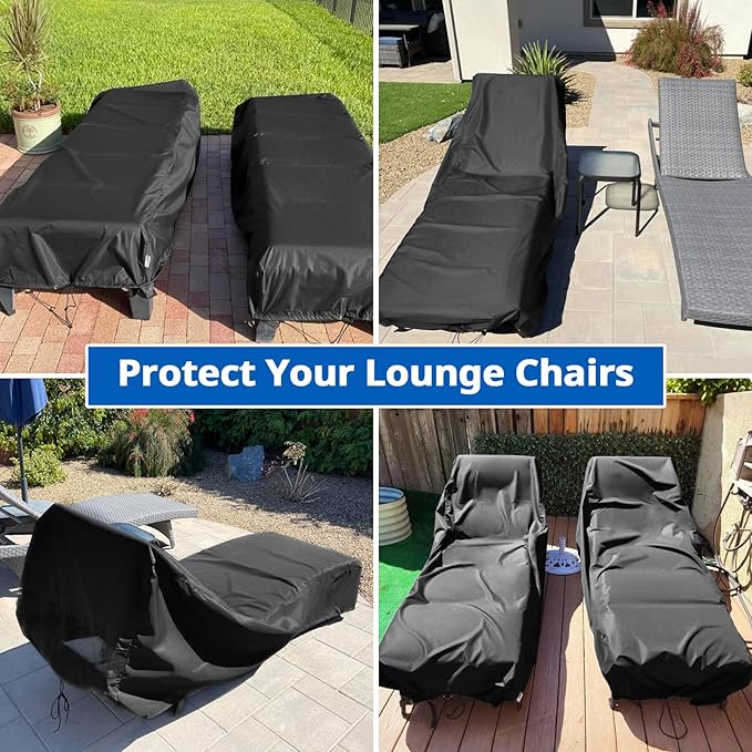 SunPatio Waterproof Outdoor Chaise Lounge Cover , 2 Pack Patio Lounge Chair Covers with Windproof Buckle Straps, UV & Rip & Fade Resistant, All Weather Protection, 80"L x 30"W x 26"H, Black