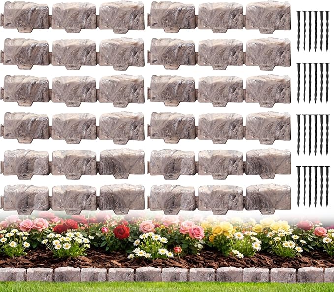 Landscape Edging Garden Edging Border Faux Stone Edging,17FT x 2.75 in Tall Decorative Stone-Look Garden Border for Flower Bed Edging,Yard Edging,Lawn Trees and Gardens,with Anchoring Spikes,Brown
