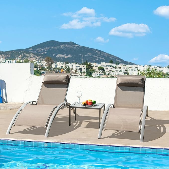 Domi Outdoor Chaise Lounge Set of 3 Patio Recliner Chairs with Adjustable Backrest and Removable Pillow for Indoor&Outdoor Beach Pool Sunbathing Lawn Khaki