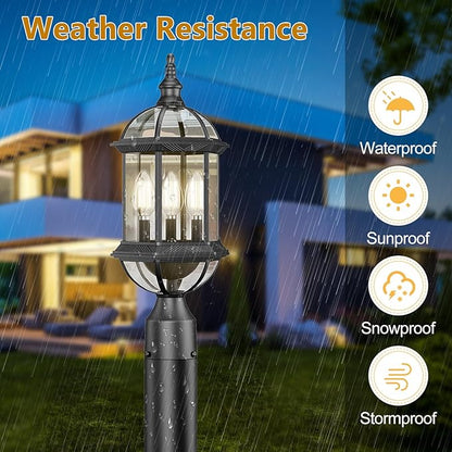 Outdoor Post Lights,19.21" 3-Light Lamp Post Light Fixture,Hardwired 120V Exterior Waterproof Pole Lighting,Modern Black Aluminum Lantern for Garden, Yard, Patio, Pathway
