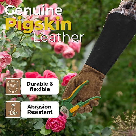 HANDLANDY Long Gardening Gloves for Men & Women, Cowhide Leather Rose Pruning Gloves, Breathable Thorn Proof Gauntlet Glove (Brown-Cowhide, L)