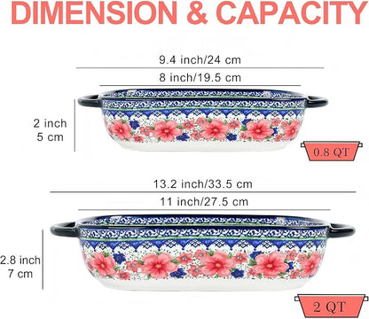 Ceramic Casserole Dishes for Oven, Hand-painted Polish Pottery Baking Dish Set of 2, 0.8QT / 2QT Porcelain Casserole Dishes with Handles, Baking Pan Lasagna Pan, Gift for Family/Friend (Red)