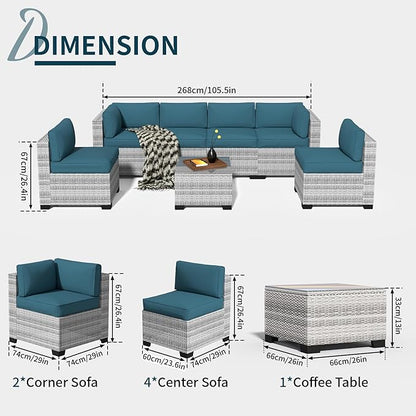 7-Piece Outdoor Sectional Patio Furniture Set, All-Weather Wicker Rattan Sofa w/Thick Washable Cushions & Tempered Glass Table, Perfect for Garden, Poolside, Backyard (7, Graywhite&Peacock Blue)
