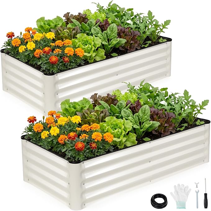 INNO STAGE Galvanized Raised Garden Bed Kits, 4x2x1ft Metal Raised Garden Beds Outdoor, Steel Raised Planter Bed with Gloves for Vegetables & Flowers Patio Ground Planter Box (White, 2PCS)