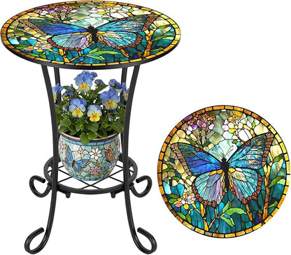 Cinnvoice Outdoor Side Table 2-Tier Round Small Mosaic Patio Accent Indoor End Plant Coffee Tea Table for Yard Patio Porch Garden Living Room, Bedroom(Butterfly Style,14 Inch)