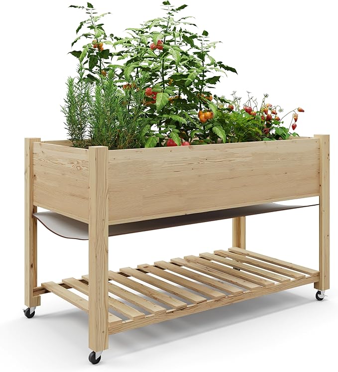 GarveeHome Raised Garden Bed 48x24x32 in Mobile Elevated Wood Planter Raised Beds w/Lockable Wheels, Storage Shelf, and Protective Liner for Indoor/Outdoor Gardening,Natural