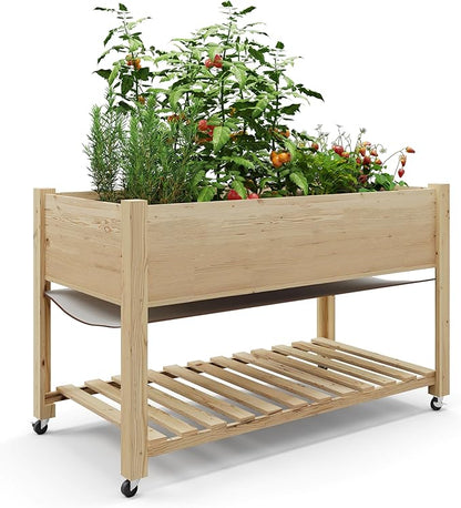 GarveeHome Raised Garden Bed 48x24x32 in Mobile Elevated Wood Planter Raised Beds w/Lockable Wheels, Storage Shelf, and Protective Liner for Indoor/Outdoor Gardening,Natural