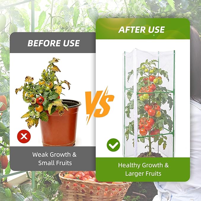 3 Pack Square Tomato Cages with 3 Plant Covers, 47 Inch Tall Cages for Tomato, Tomato Trellis with Bird Netting, Vertical Garden Trellis for Climbing Plants Vegetables in Outdoor