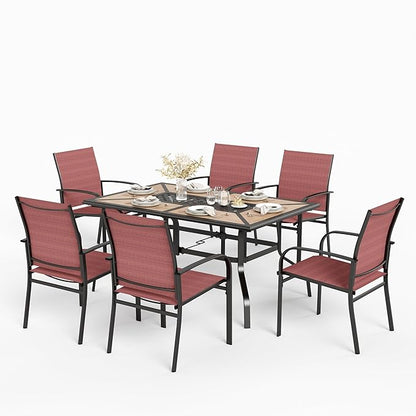 HERA'S HOUSE Patio Table and Chairs Set, 61" Rectangular Outdoor PVC Table with Umbrella Hole, 7 Pieces Outdoor Dining Furniture Sets with 6 Patio Chairs for Backyard Lawn Garden Porch(Red)