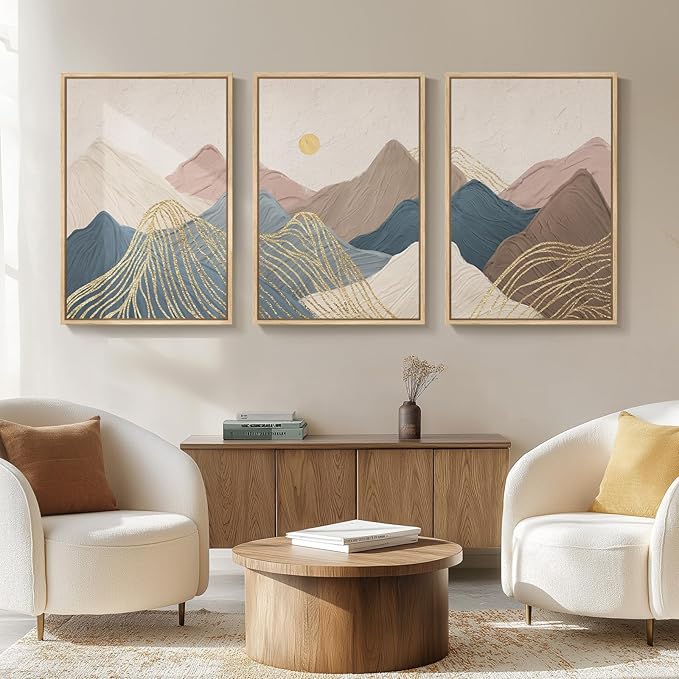 Framed Neutral Abstract Mountain Wall Art for Living Room, 3 Piece Large Landscape Print Canvas Artwork for Walls, Boho Modern Minimalist Paintings for Dining Room Office Hallway Wall Decor, 24x36 In