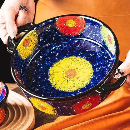 Baking Dishes For Oven, 1 Quart Round Casserole Dishes For Oven-blue and flowers-round 950ml