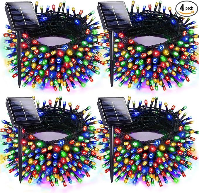 4pk Multi-Colored Solar Christmas Lights Outdoor Waterproof, 400 LED 132 FT Solar Powered LED String Lights Green Wire with 8 Modes, Solar Fairy Lights for Xmas Tree Party Wedding Garden Decorations