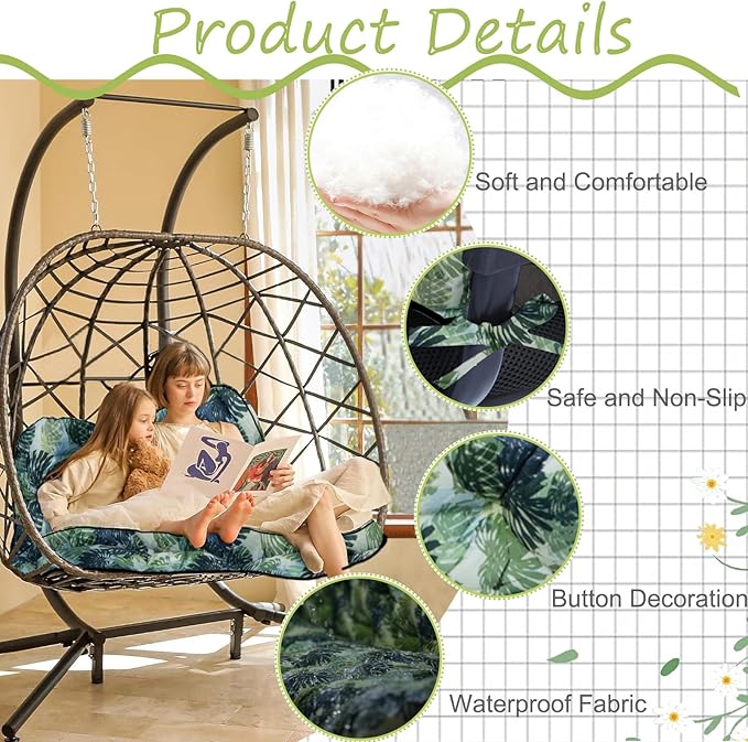 Swing Replacement Cushions with Backrest, 2 or 3 Seater Waterproof Non-Slip Overstuffed Swing Pad, Indoor/Outdoor Bench Cushion for Porch Chair Swing Garden Furniture (Leaves, 40 * 63 in)