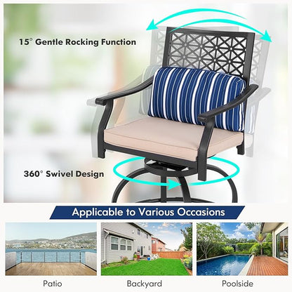 COSTWAY Outdoor Bar Chair Set of 2, 24.5 Inch Swivel Counter Height Bar Stools with Footrest, Seat Cushions & Lumbar Pillows, Metal Dining Bar Chairs for Patio, Backyard, Poolside (2)