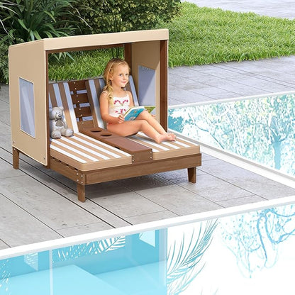 COSTWAY Kids Double Chaise Lounge Outdoor, 2-Seat Patio Lounge Chair with Cup Holders & Cushions, Kids Pool Lounger with Canopy, Wood Patio Furniture for Children Boys Girls 3 Years Old (Beige)