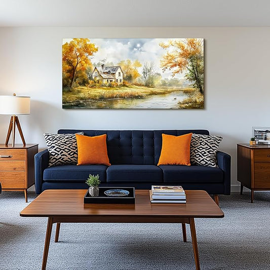 SERIMINO Autumn Nature Landscape Wall Art, Riverside Cottage Scenic Large Artwork, Rustic Farmhouse Oversized Wall Prints, Pastoral Canvas Paintings Wall Decor Living Room Bedroom Dining Room 29"X57"