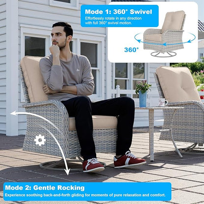 5-Piece Small Patio Furniture Set, Outdoor Swivel Rocking Chairs Set with Ottomans, Patio Bistro Set for Balcony, Deck, Porch, Khaki