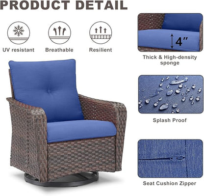 Rilyson Outdoor Patio Swivel Rocker Chairs - 4 PC Wicker Rattan Patio Rocking Glider Chair Set with High Back,Comfy Cushions and Deep Seating for Porch Deck Backyard Garden(Brown/Blue)
