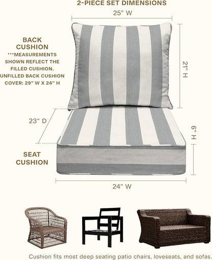 Honeycomb Outdoor Deep Seat, 24 x 23, Cabana Stripe Stone Grey Chair Cushion for Patio Furniture