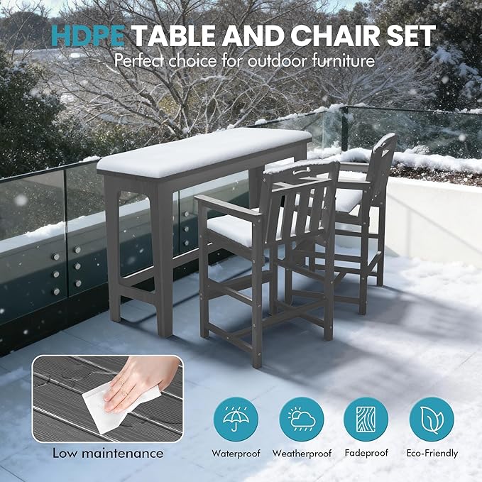 Ciokea Heavy-Duty Outdoor Bar Set, Rectangle High Top Table and 2 Oversized Adirondack Chairs Set, HDPE Modern Patio Bar Set for Outside Bistro Backyard Balcony Deck Outside, Grey