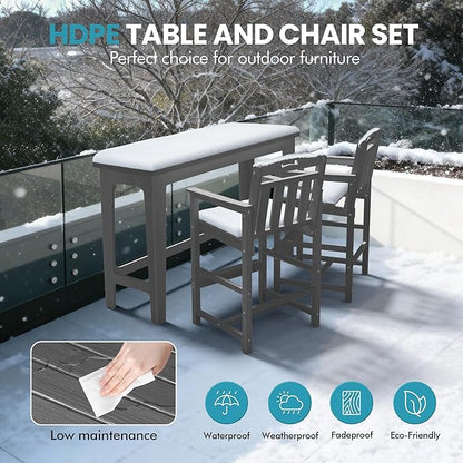 Ciokea Heavy-Duty Outdoor Bar Set, Rectangle High Top Table and 2 Oversized Adirondack Chairs Set, HDPE Modern Patio Bar Set for Outside Bistro Backyard Balcony Deck Outside, Grey
