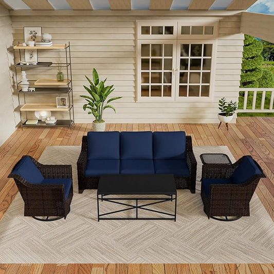 Vista Vibe 5 Pieces Outdoor Rattan Patio Conversation Furniture Set - 78" 3-Seat Sofa | 2 Swivel Glider Rocker Chairs | Wicker End Table | Metal Table, Upholstered Loveseat, Deck (Brown/Navy)