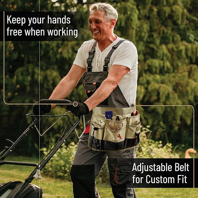 UNCO- Adjustable Gardening Belt, Khaki, 7 Pockets, Wear, Cut and Water Resistant, Garden Tool Belt Pouch, Waist Apron with Pockets