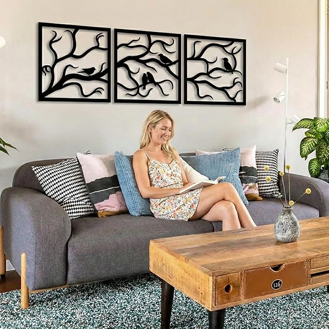 Metal Wall Art, Birds on Branch 3 Pieces, Tree Wall Art, Tree Sign, Wall Decor, Interior and Outdoor Decoration, 3 Panels Wall Hangings (40"W x 13"H / 102x33cm)