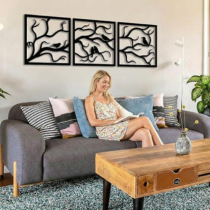 Metal Wall Art, Birds on Branch 3 Pieces, Tree Wall Art, Tree Sign, Wall Decor, Interior and Outdoor Decoration, 3 Panels Wall Hangings (40"W x 13"H / 102x33cm)