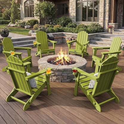 Adirondack Chairs Set of 6, Fire Pit Chairs, Wood Texture Patio Chairs with 2 Cup Holder, Outdoor Lawn Chair, LemonGreen