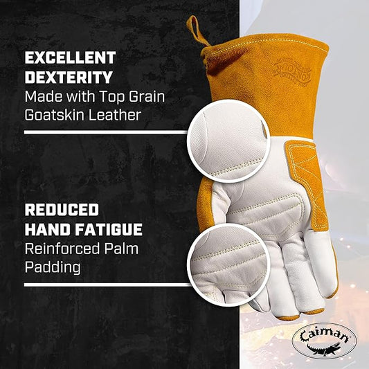 Caiman Premium Goat Grain TIG/Multi-Task Welding Gloves, Split Cowhide Back, 4-Inch Extended Cuff, White/Gold, X-Large (1540-6)